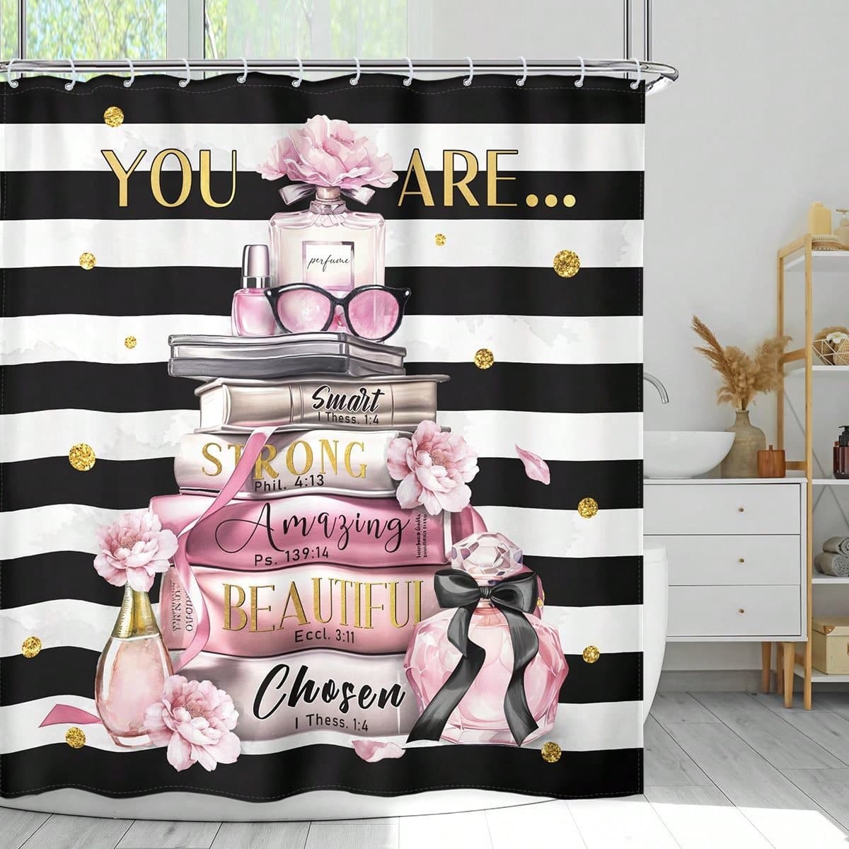 1 pièce Rideau de douche à devises à la mode pour femmes, rayé noir et blanc, 'You Are Pink' avec une inspiration moderne de magazine, livre,